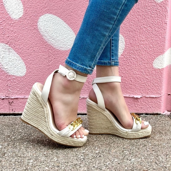 Off White Ankle Strap Espadrille Wedges - Picture 2 of 8